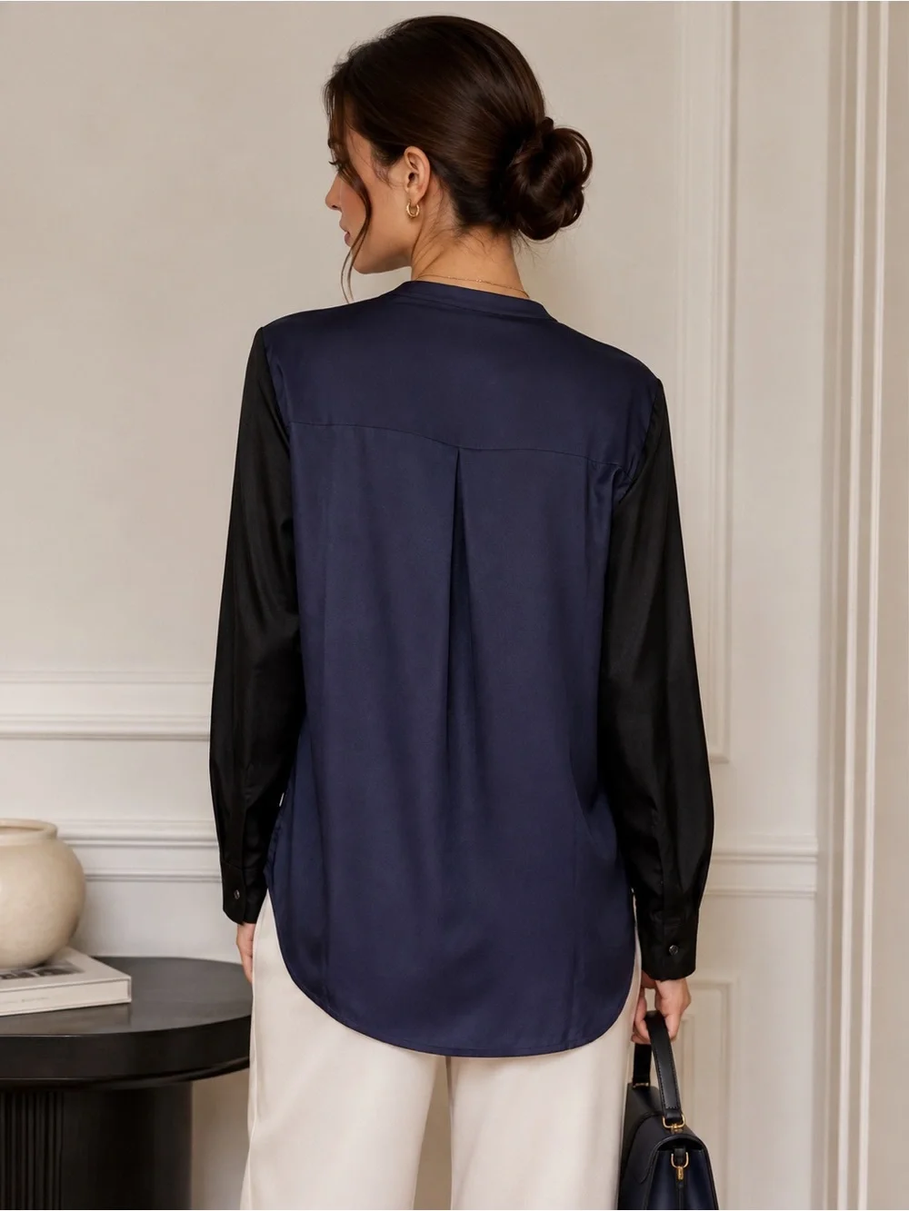 Tory Burch Meg 93% Silk Tunic Blouse Black Navy Colorblock Quiet Luxury Sz 4